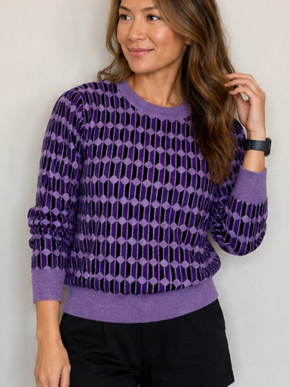 Mango Purple Black Patterned Crewneck Knit Sweater Large BTS ARMY Kpop Cozy NWOT